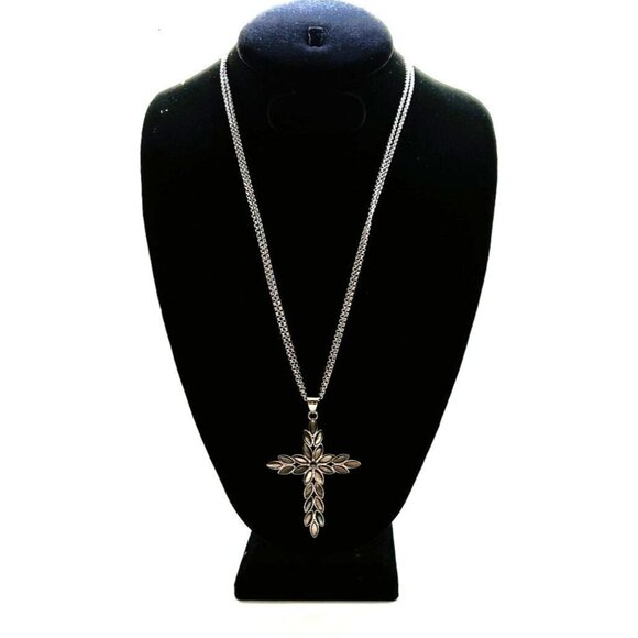 Mother of Pearl Cross Stainless Steel Statement 3 In Pendant 2 Strand Chain - Picture 2 of 10